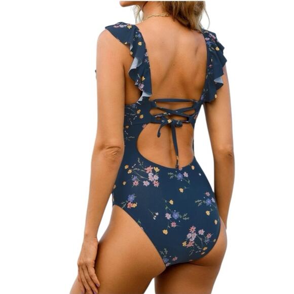 NWT Cupshe One Piece Navy Ditsy Floral Flutter Strap Swimsuit Size Medium - Picture 2 of 8